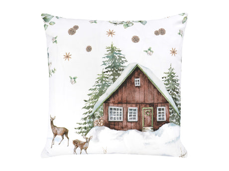 Weisse Kissenhuelle ca. 50x50 cm – Winterdeko mit Hütte und Rehen – 100% Baumwolle – beties Magie des Winters "Moggl-Hütte"