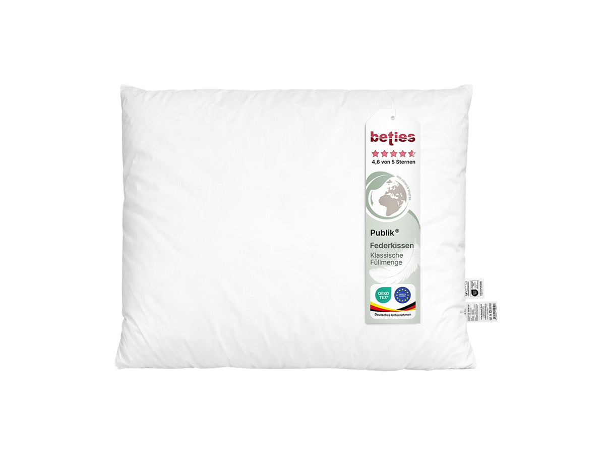  beties Publik Federkissen Fuellkissen 40x50 cm – weisses Kissen mit klassischer Federfuellung freigestellt auf weissem Hintergrund mit etikett