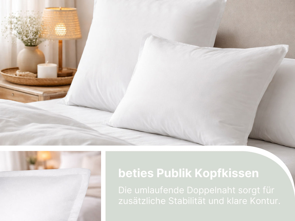  beties Publik Federkissen Kopfkissen – Nahaufnahme Doppelnaht und Bezugsqualitaet aus weissem Baumwollstoff 