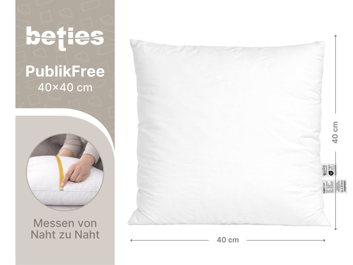 beties PublikFree Polyesterflocken Füllkissen 40x40 cm – Maßzeichnung Breite 40 cm Höhe 40 cm, veganes Dekokissen ohne Federn, Kissenbezug Baumwolle