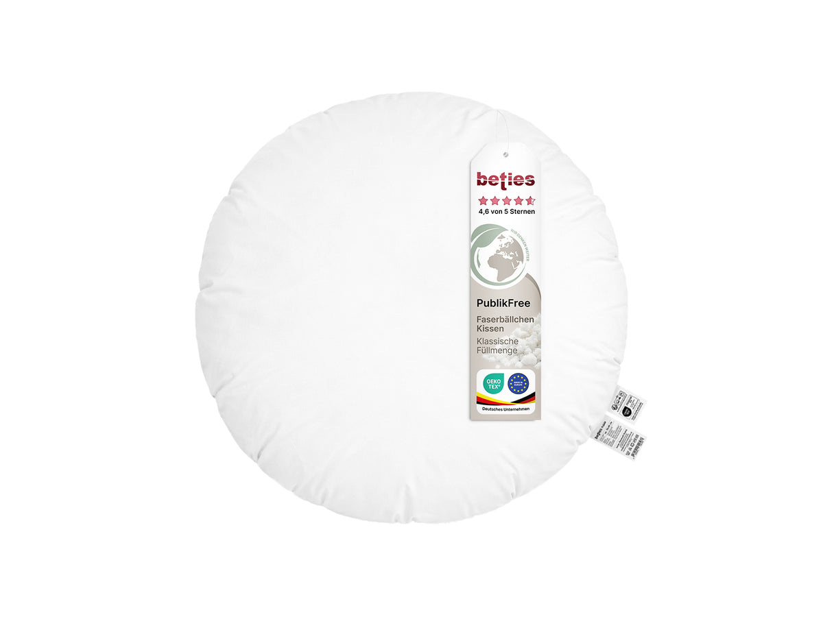 beties PublikFree Polyesterflocken Füllkissen 60 cm rund – Durchmesser 60 cm, rundes veganes Dekokissen ohne Federn, Kissenbezug Baumwolle mit etikett