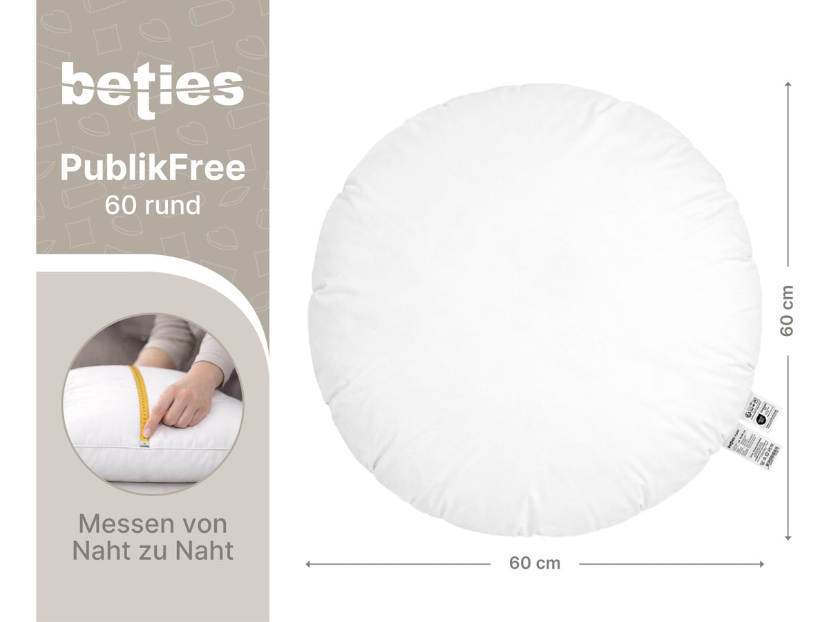 beties PublikFree Polyesterflocken Füllkissen 60 cm rund – Maßzeichnung Durchmesser 60 cm, rundes veganes Dekokissen ohne Federn, Kissenbezug Baumwolle