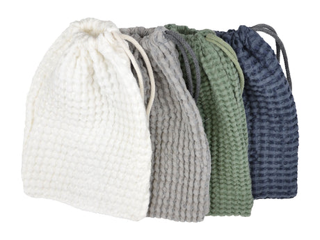 Eisbeutel – Kuehlbeutel aus Waffelpique Leinen-Baumwoll-Mix – nordisches Design von beties aus der "PUR.NATURE" Serie. In den Farben Gletscher-weiss, Nebel-grau, Salbei-gruen und Fjord-blau.